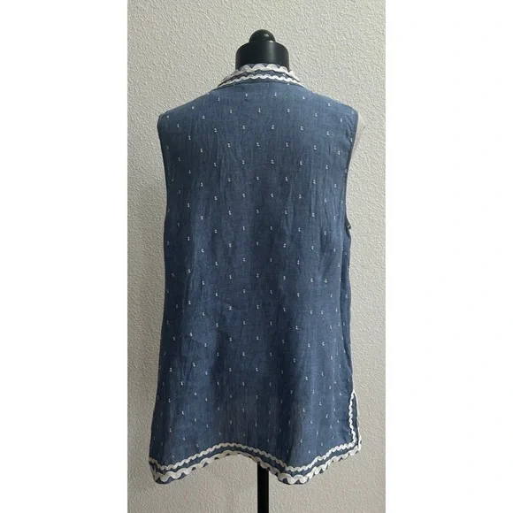 Charter Club Women’s Ric-Rac-Trim Linen Tunic Top Blue White Sleeveless Size XL - Picture 4 of 7